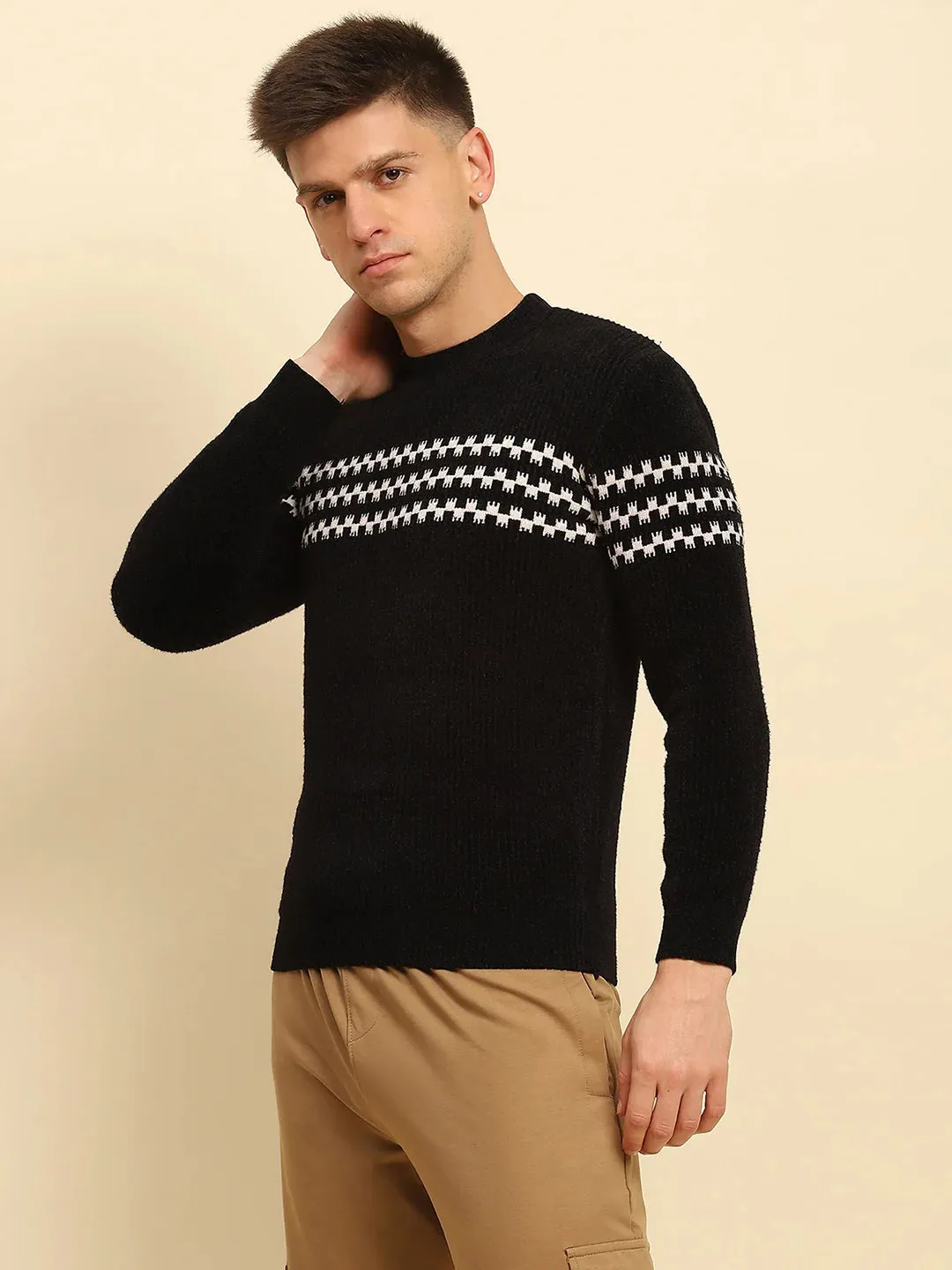 Black Ploy Blend Geometric Regular Fit Pullover