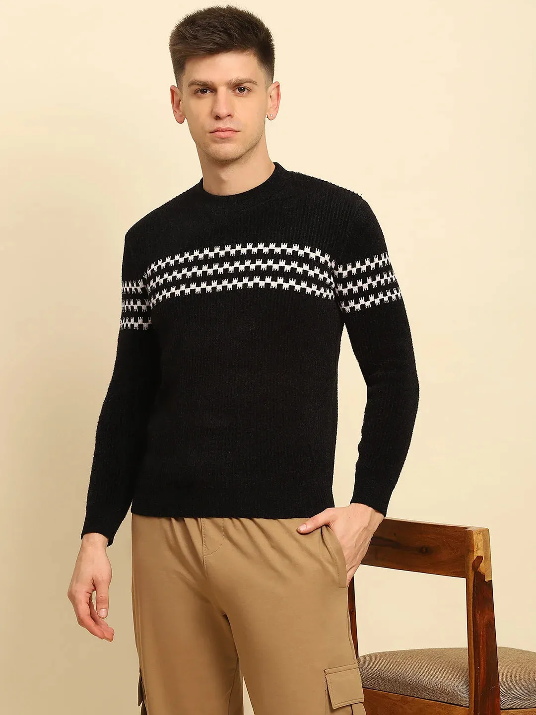 Black Ploy Blend Geometric Regular Fit Pullover