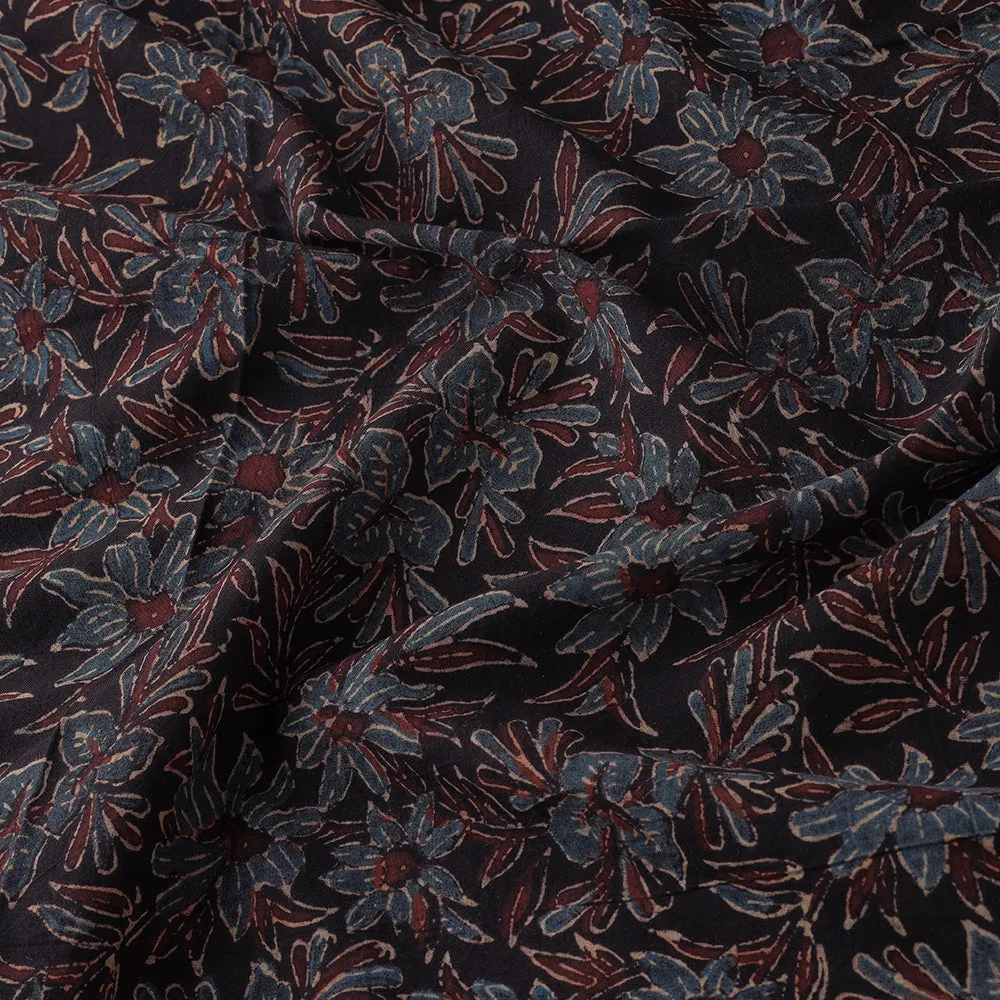 Black with Floral Motif Block Print Cotton Ajrakh Fabric