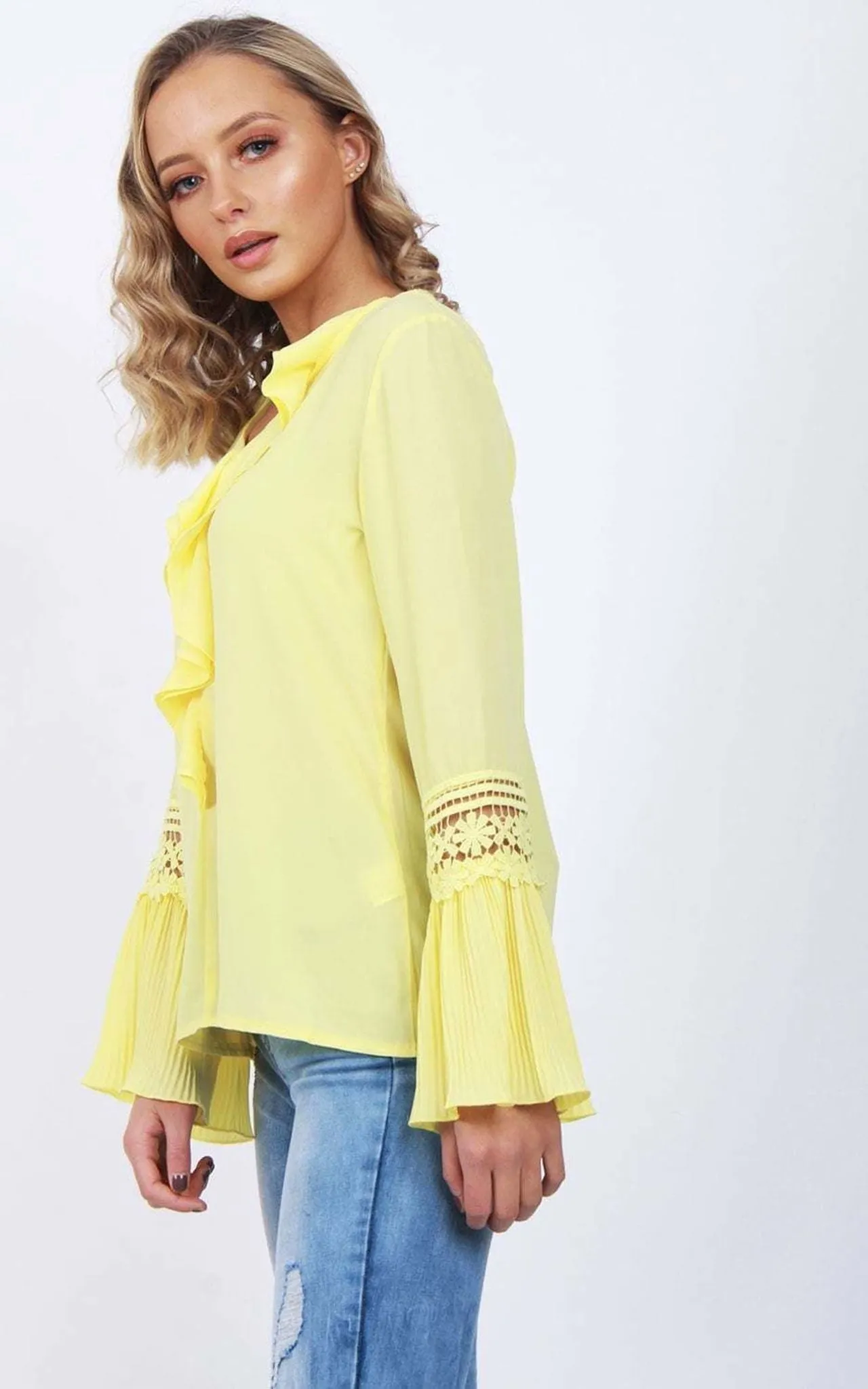 Blouson Ruffle Lace Applique Sleeve Blouse Top