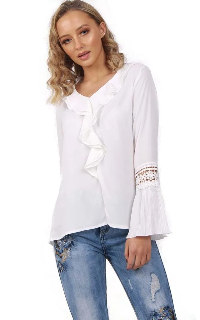 Blouson Ruffle Lace Applique Sleeve Blouse Top