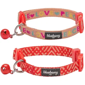 Blueberry Pet Love Peace Theme and Salmon Pink Geometry Adjustable Breakaway Cat Collar with Bell, 2 pack