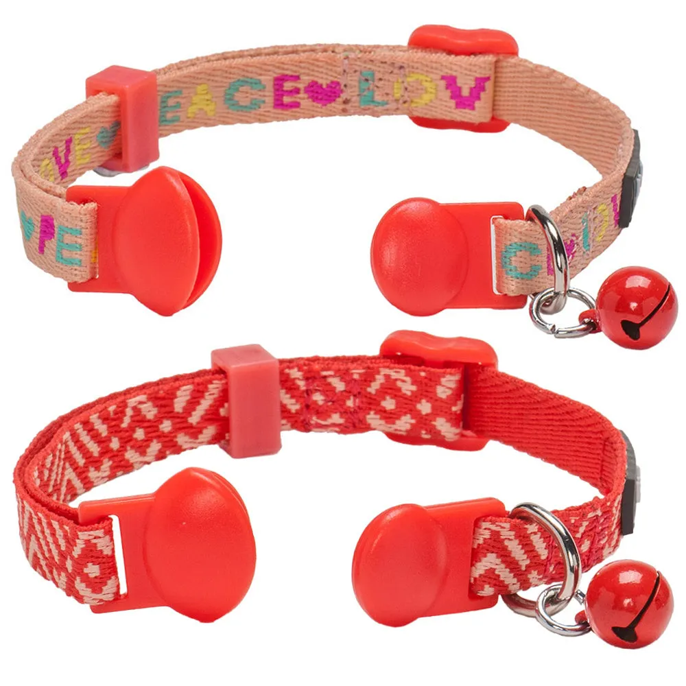 Blueberry Pet Love Peace Theme and Salmon Pink Geometry Adjustable Breakaway Cat Collar with Bell, 2 pack