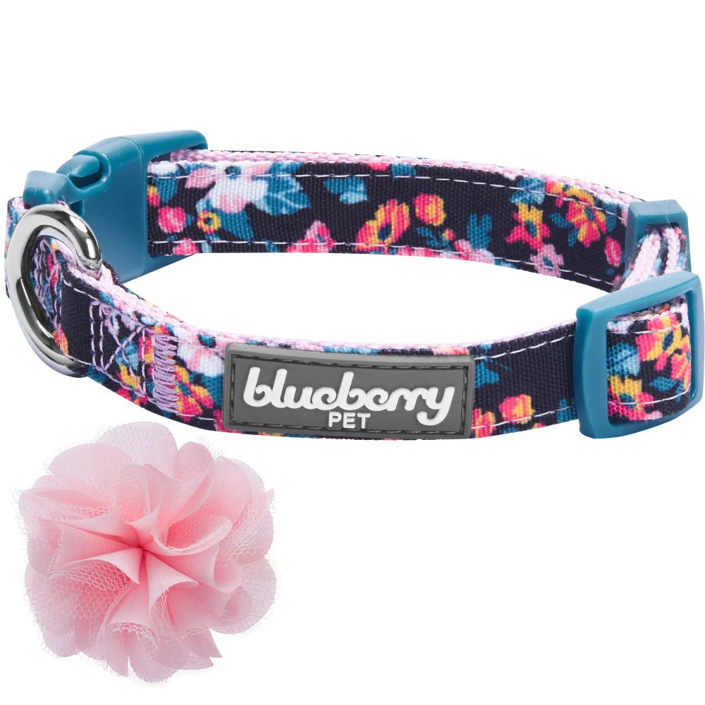 Blueberry Pet Made Well Elegant Floral Print Dog Collar in Sleek Black with Detachable Pink Flower Accessory