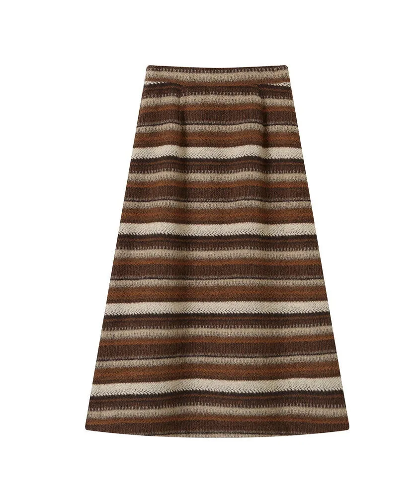 Border Knit Stretch Relax Retro Casual Long-Skirt