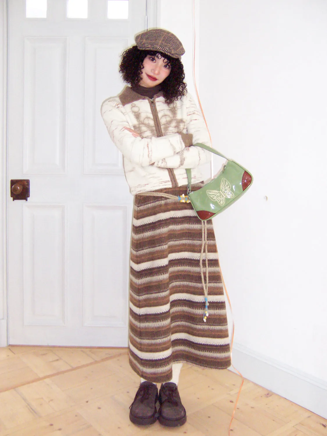 Border Knit Stretch Relax Retro Casual Long-Skirt