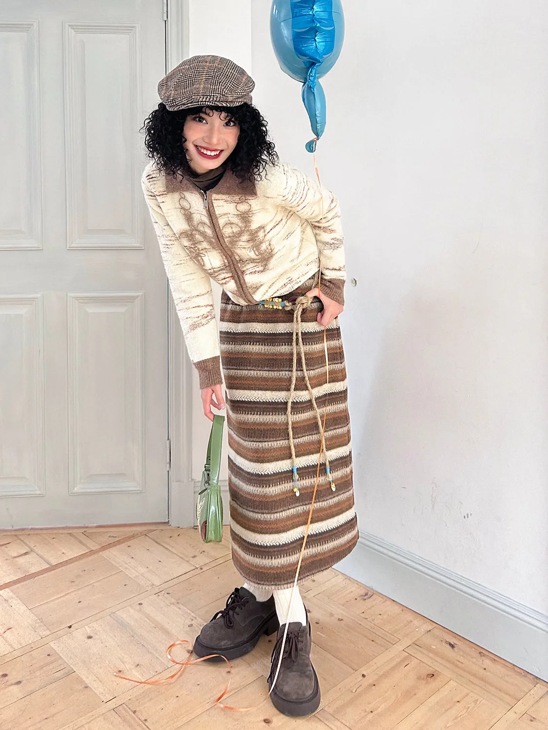 Border Knit Stretch Relax Retro Casual Long-Skirt