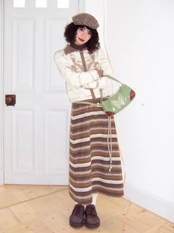 Border Knit Stretch Relax Retro Casual Long-Skirt