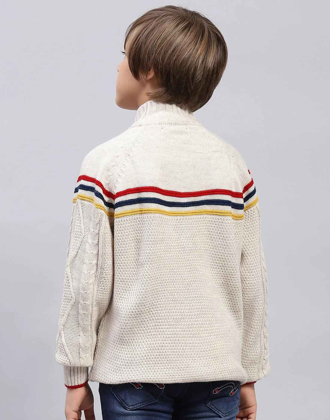 Boys Beige Self Design Turtle Neck Full Sleeve Pullover