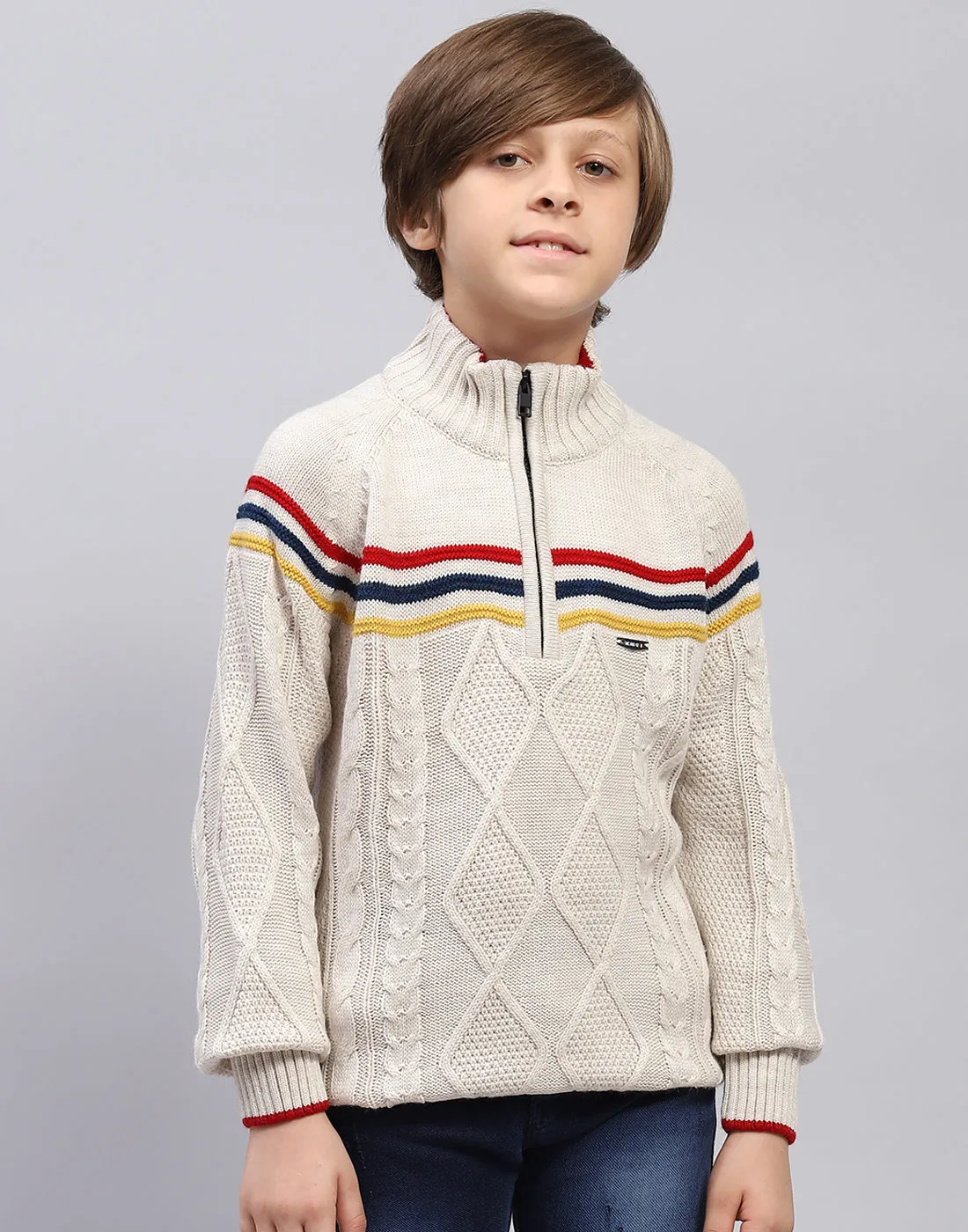 Boys Beige Self Design Turtle Neck Full Sleeve Pullover