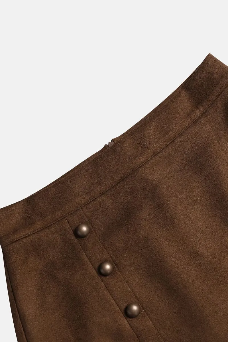 Brown High Waisted Button Suede Mini Skirt