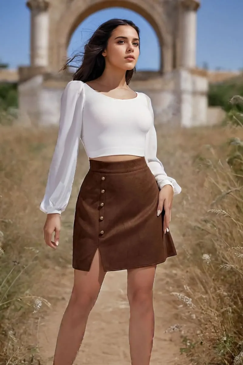 Brown High Waisted Button Suede Mini Skirt