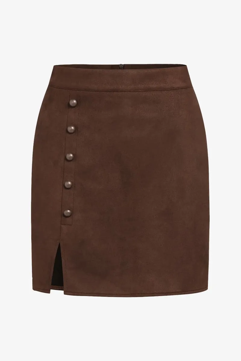 Brown High Waisted Button Suede Mini Skirt