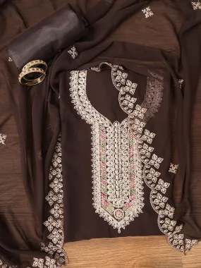 Brown Zari Embroidered Silk Georgette Dress Material with Dupatta