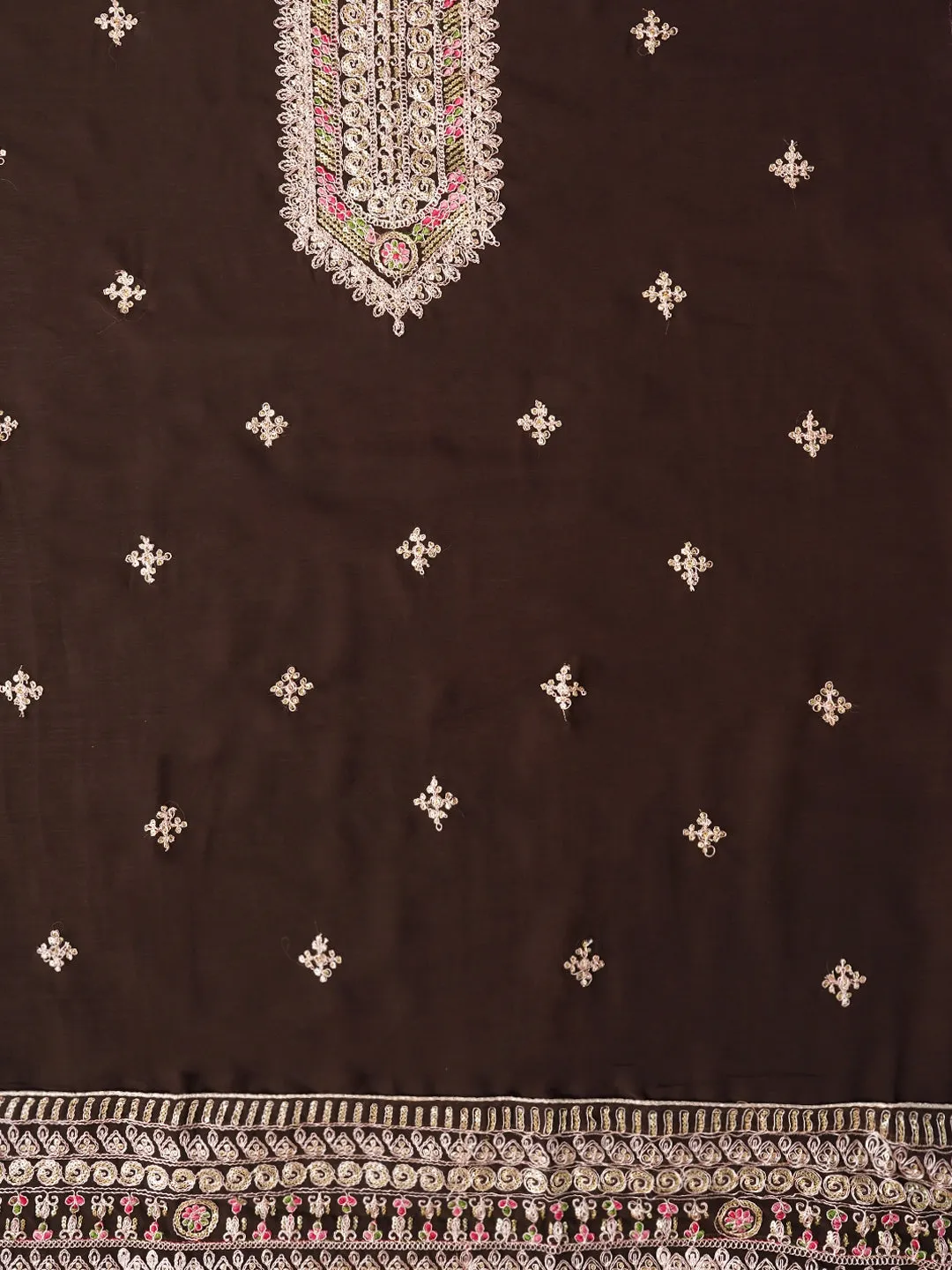 Brown Zari Embroidered Silk Georgette Dress Material with Dupatta