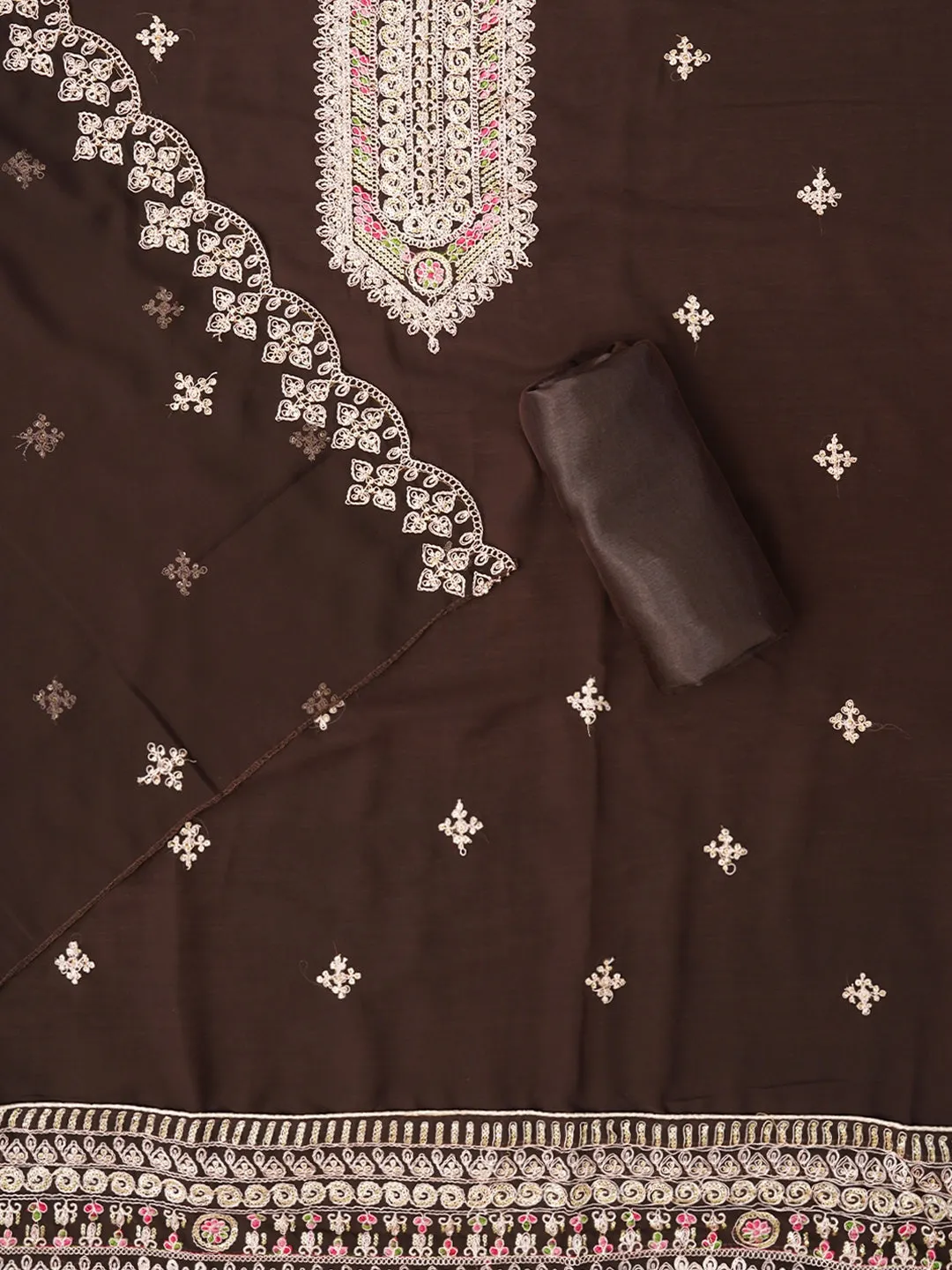 Brown Zari Embroidered Silk Georgette Dress Material with Dupatta