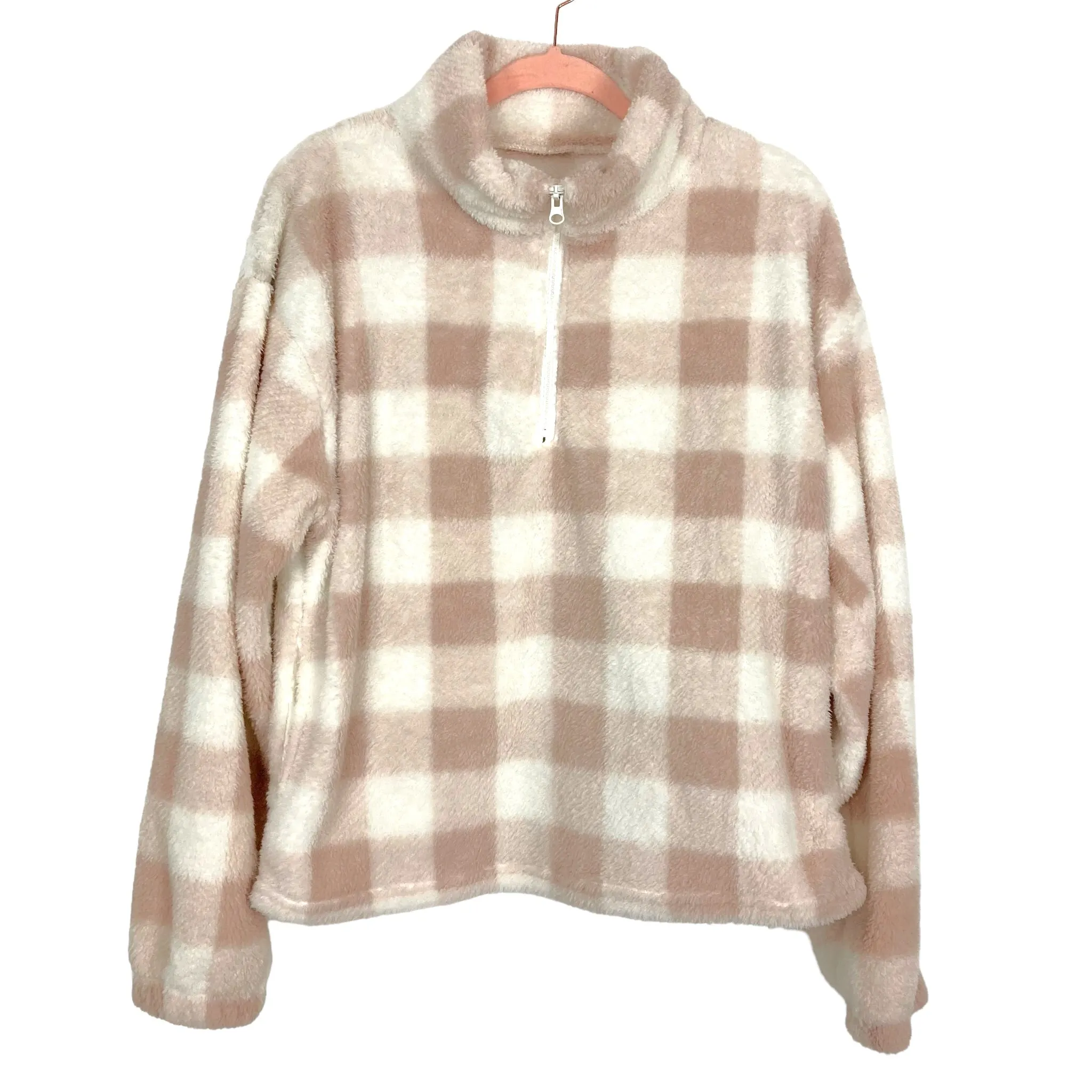 Colsie Mauve/Cream Plaid Quarter Zip Fleece Pullover- Size S