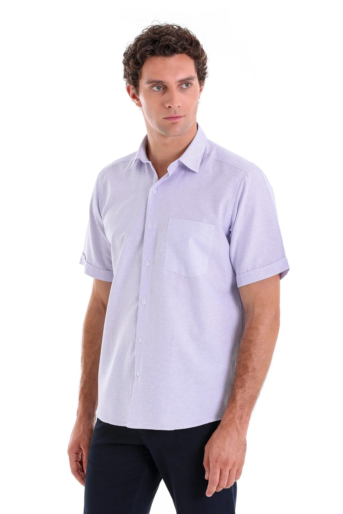 Comfort Fit Pin Check Cotton Blend Lilac Dress Shirt