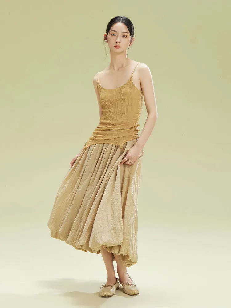 Crumply Wrinkled Balloon Natural Long-Skirt