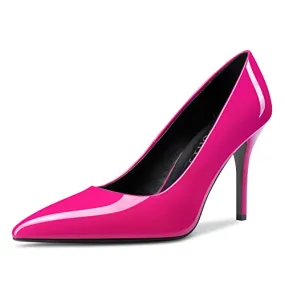 DearOnly Womens Pumps Pointed Toe Slip On Stiletto High Heel Patent Dress Shoes Office Magenta Red 3.5 Inch