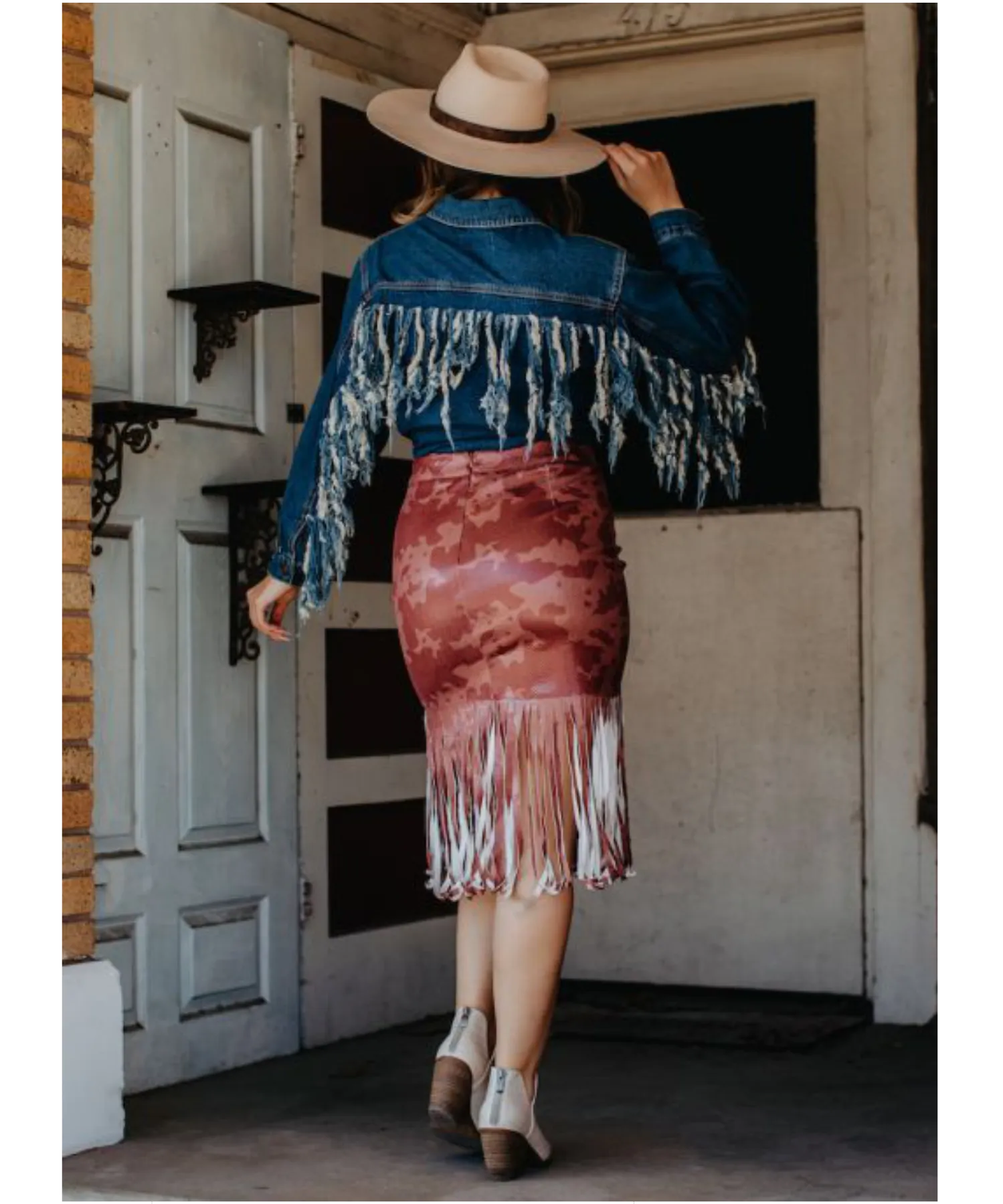 Deep Red Cow Print Faux Leather Fringe Skirt