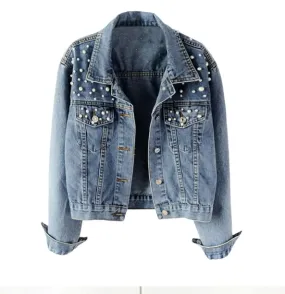 Denim Jacket With Pearl Detail