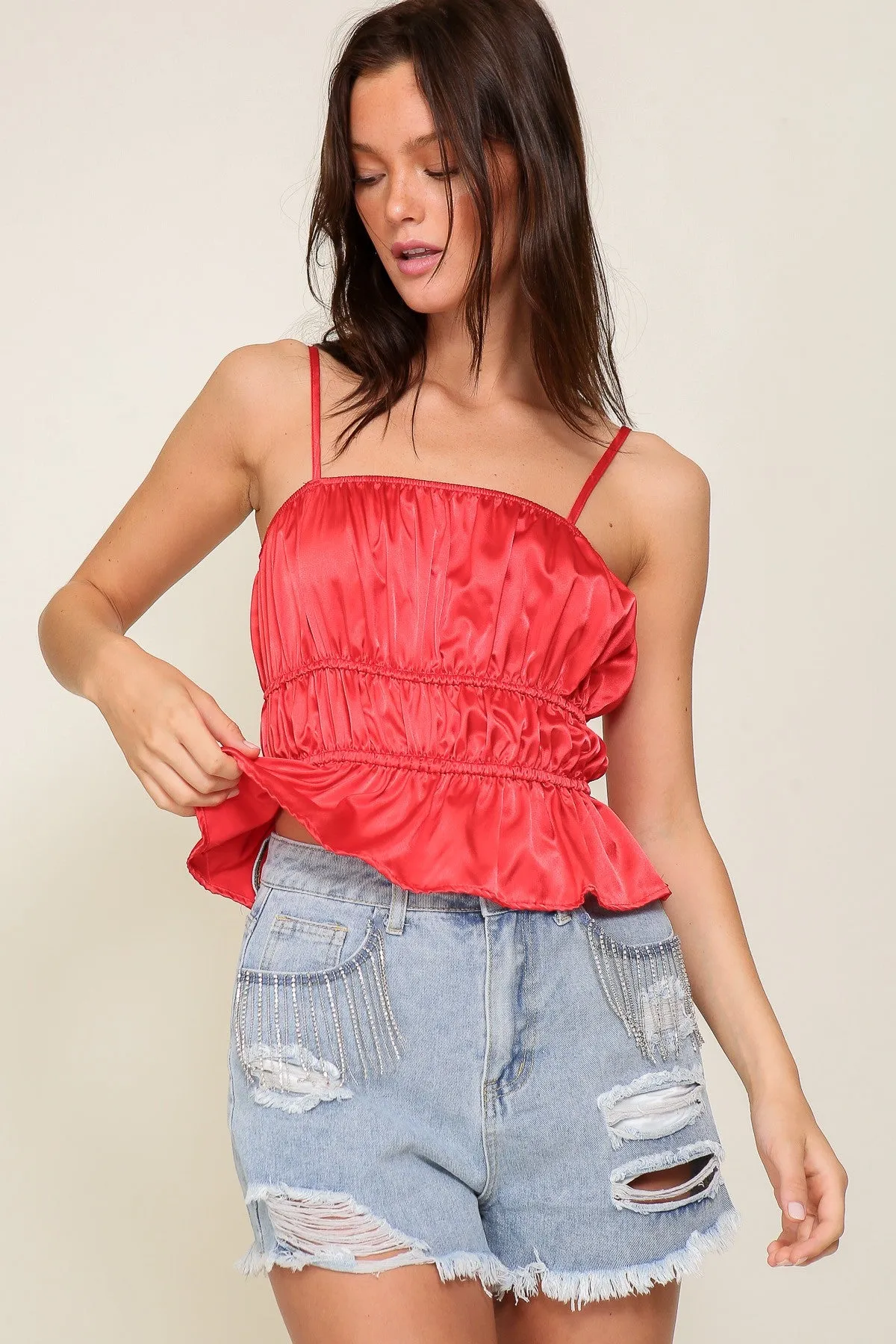 Devyn Satin Smocked Ruffle Trim Tank Top