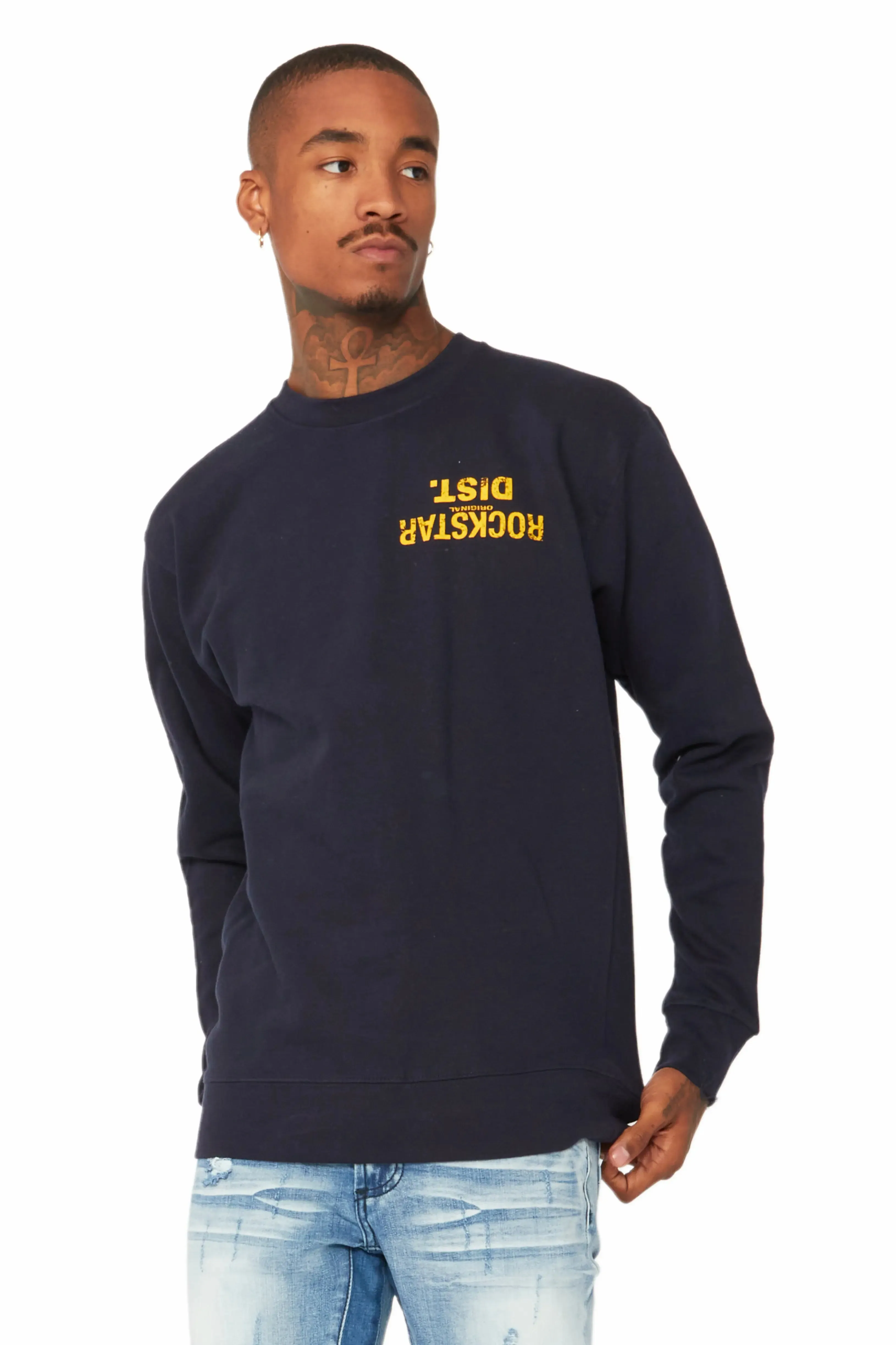 Dist. Town Navy/Yellow Graphic Crewneck