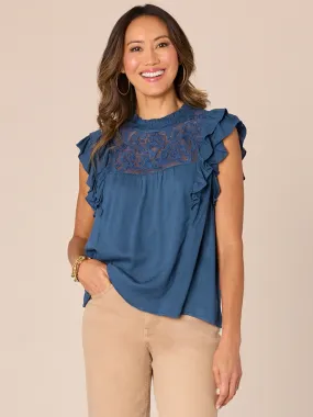 Double Ruffle Cap Sleeve Round Neck Embroidered Woven Top