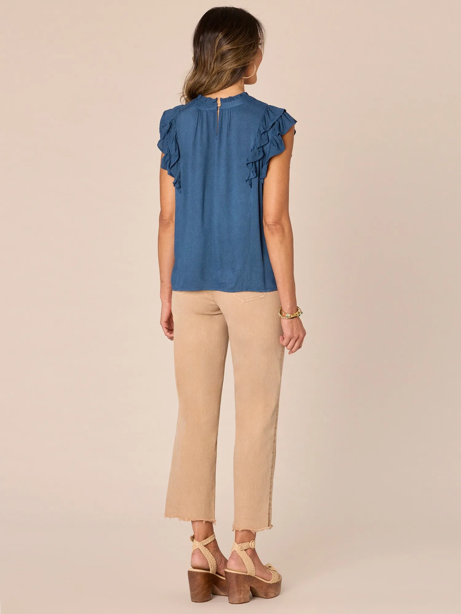 Double Ruffle Cap Sleeve Round Neck Embroidered Woven Top