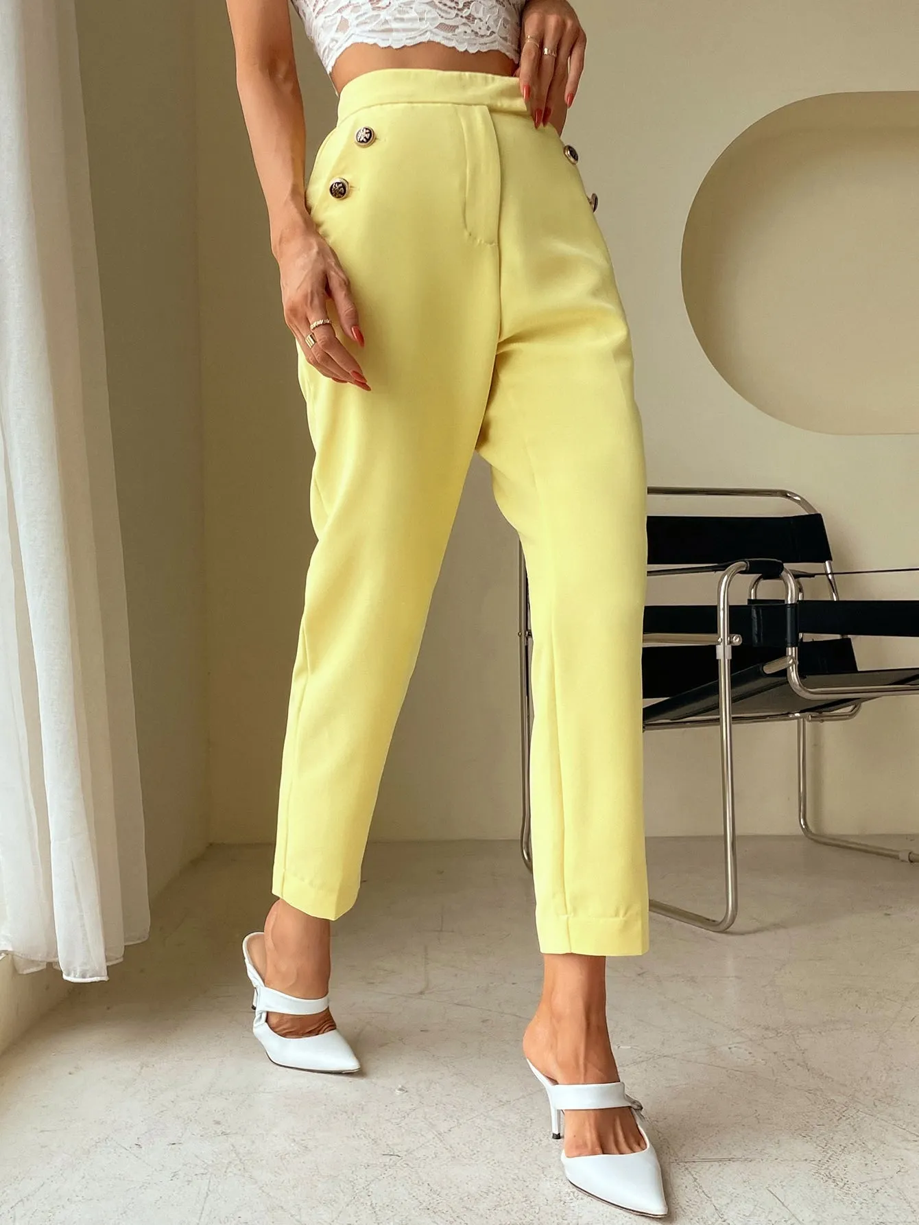 Elegant Plain Pocket Natural Cropped Women Pants