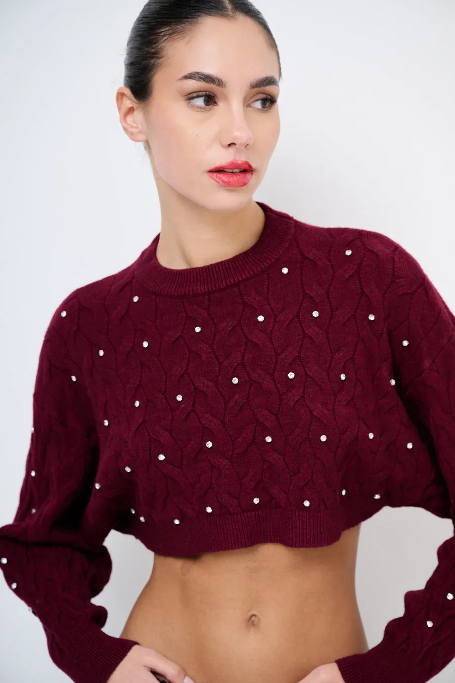 Embellished cable-knit cropped sweater wholesale