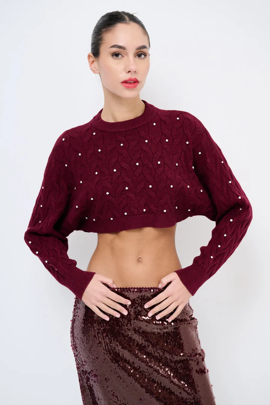 Embellished cable-knit cropped sweater wholesale