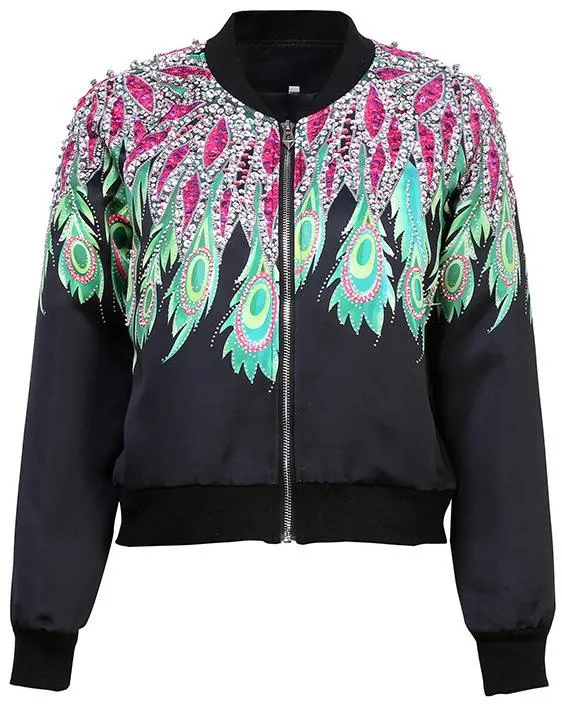 Embellished Peacock Bomber Jacket