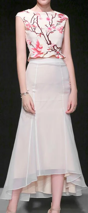 Embroidered Sleeveless Crop Top and Long Trumpet Skirt