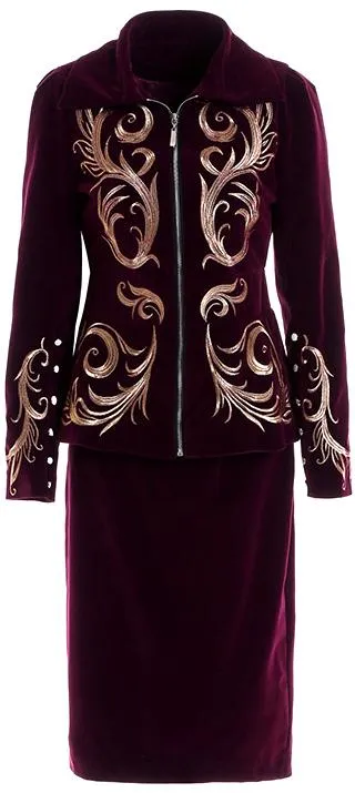 Embroidered Velvet Jacket and Skirt Set