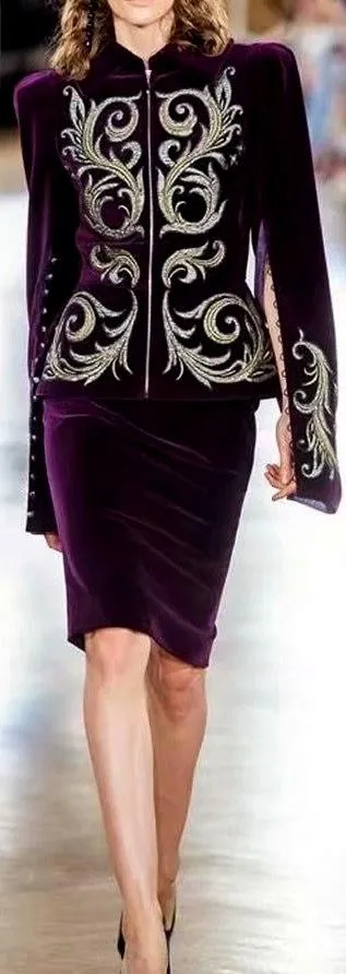 Embroidered Velvet Jacket and Skirt Set