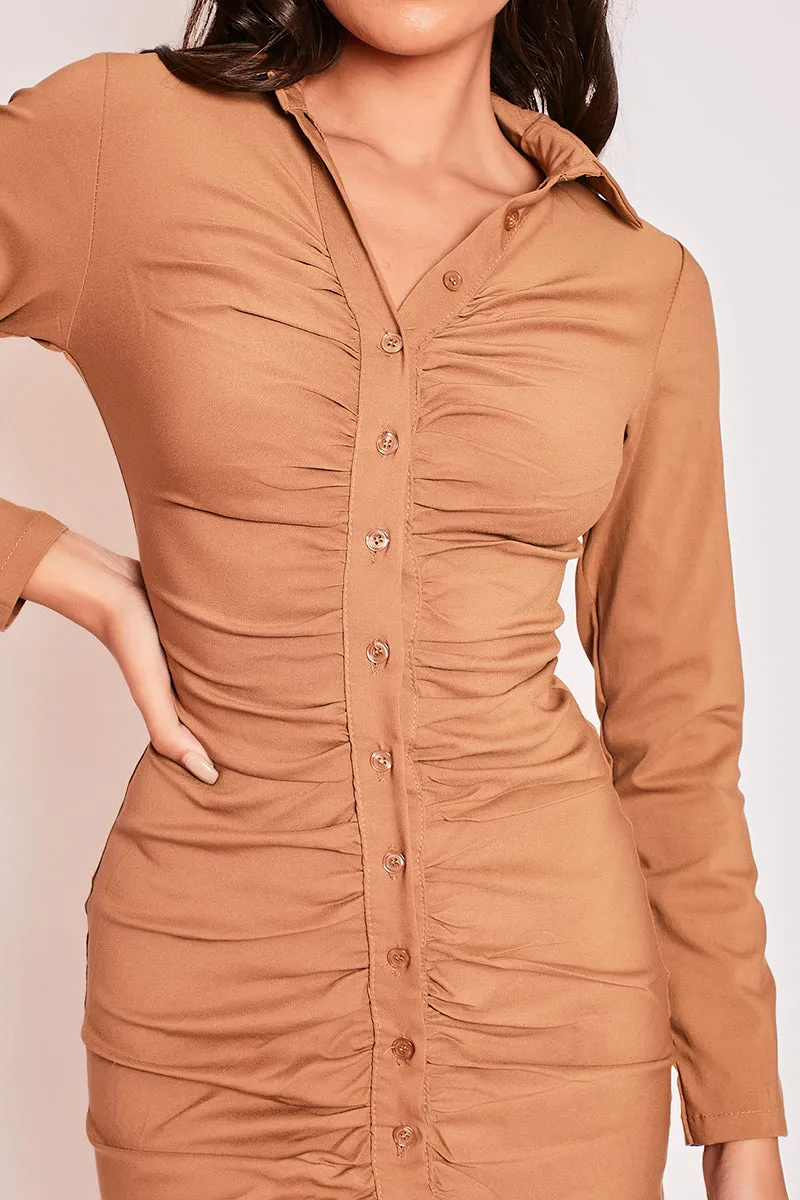 Erica - Tan Long Sleeve Ruched Shirt Dress