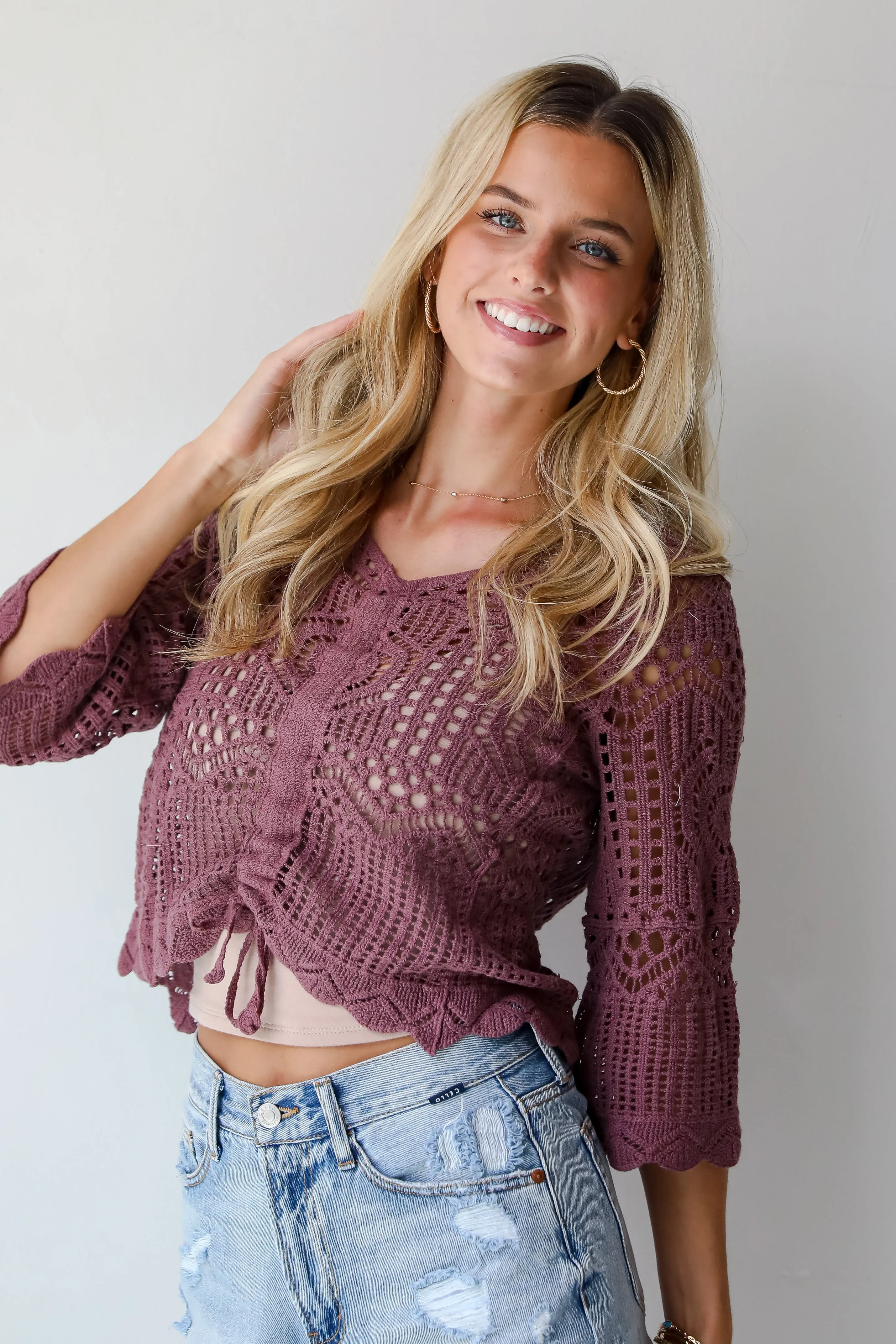 FINAL SALE - Modern Status Plum Crochet Knit Top