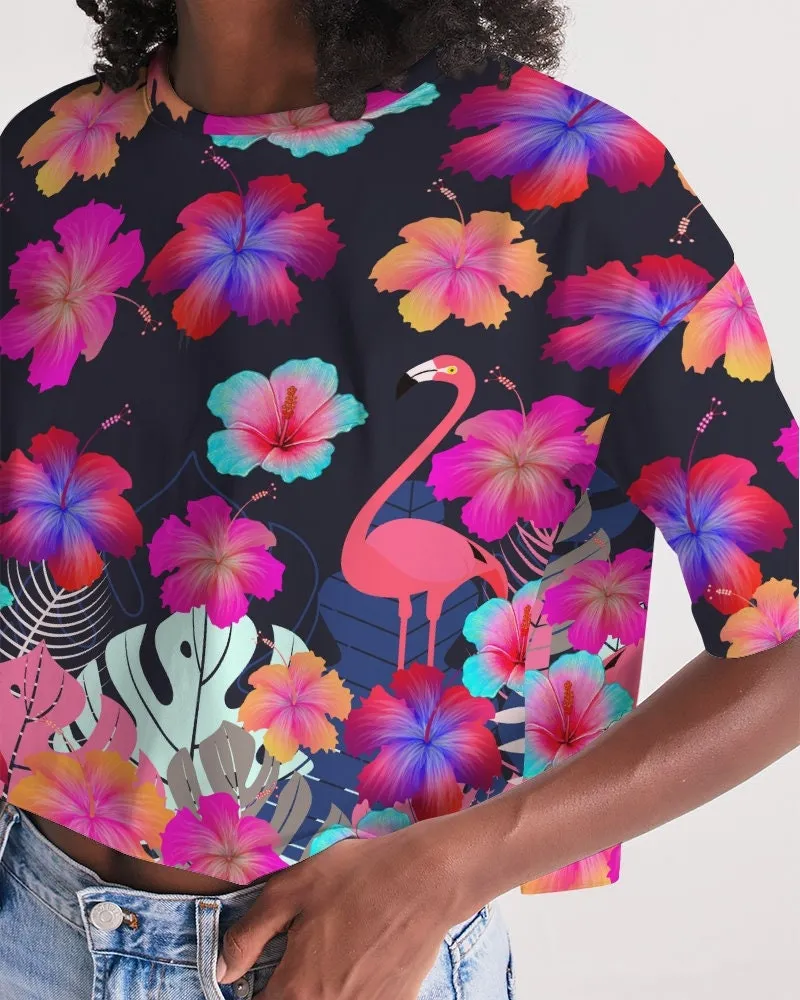 Floral Hibiscus Flamingos Women's Cropped Top