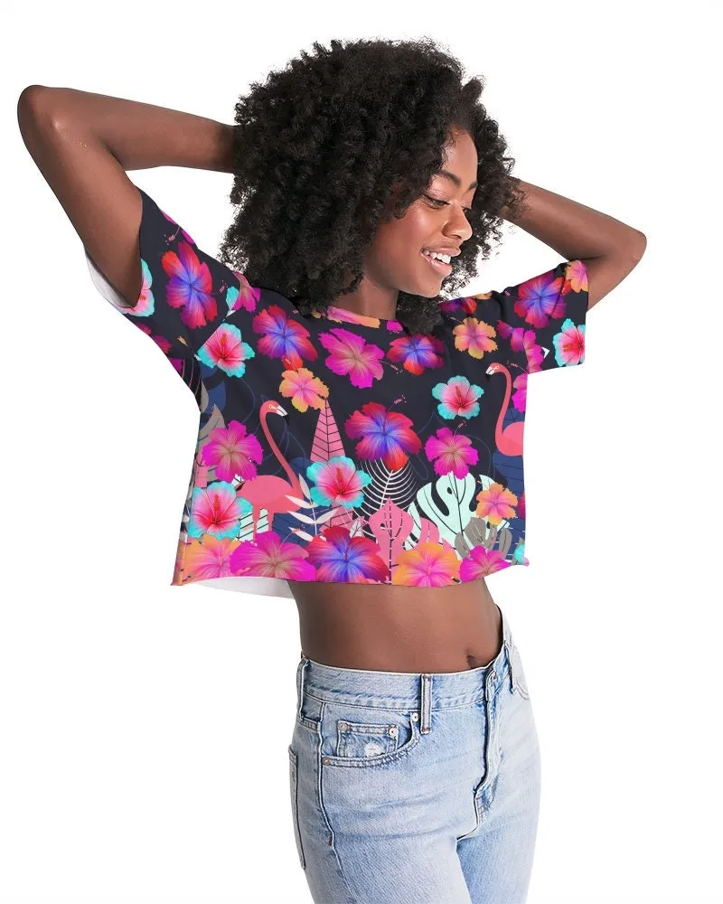 Floral Hibiscus Flamingos Women's Cropped Top