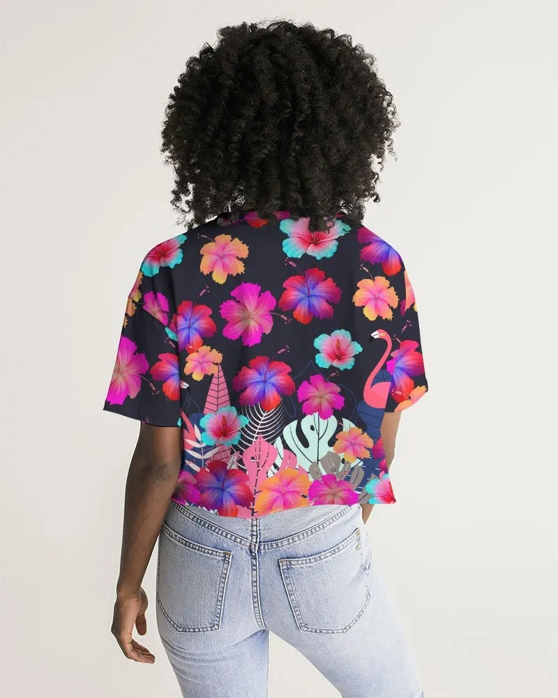 Floral Hibiscus Flamingos Women's Cropped Top