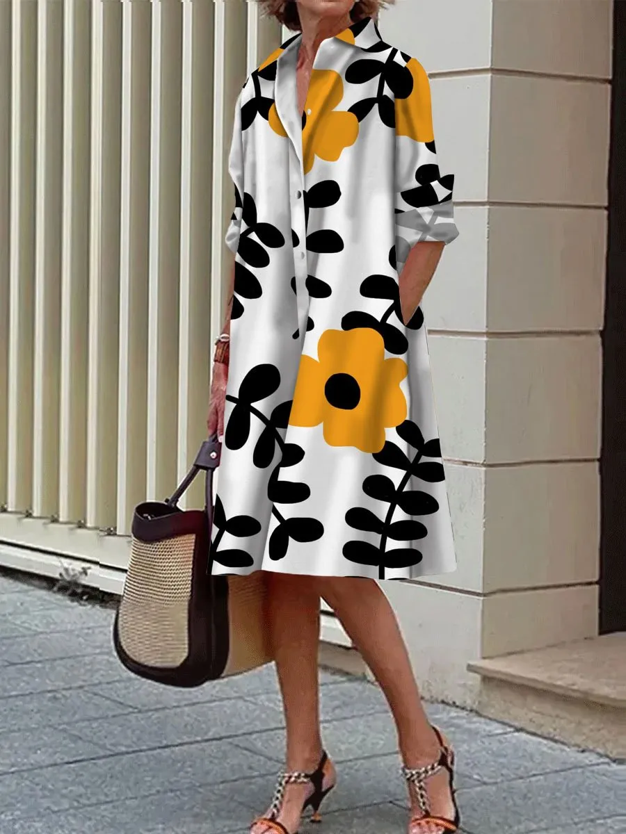 Floral Print Casual Loose Pocket Long Sleeve Shirt Dress