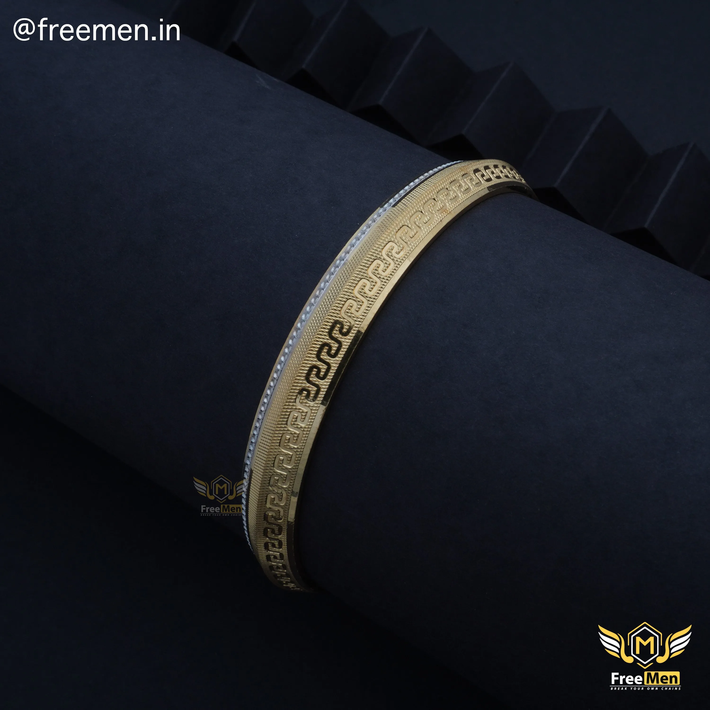 Freemen Gold Plated Rhodium Line Artisanal Design Kada For Men - FM209