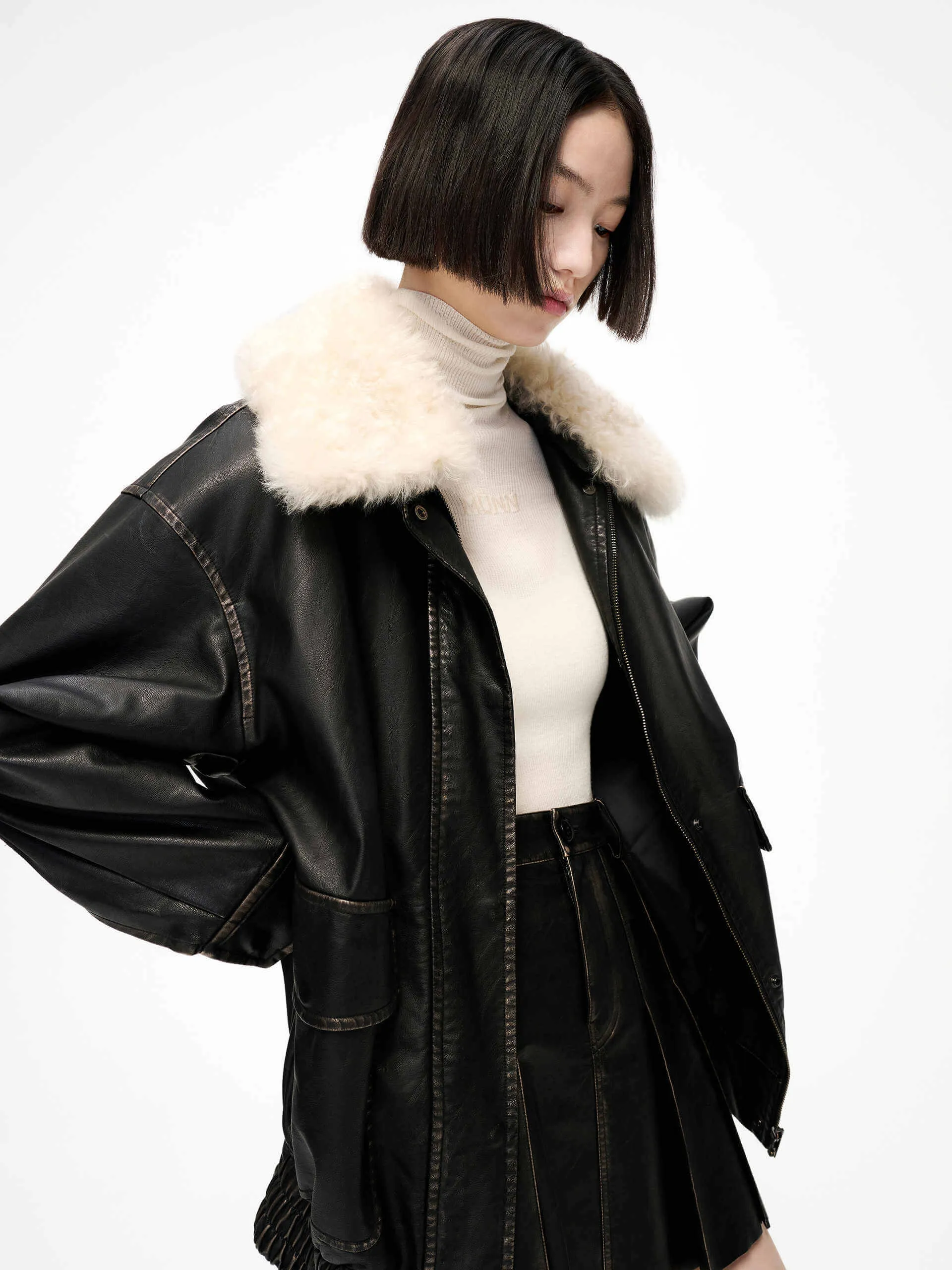 Fuzzy Collar PU Leather Jacket