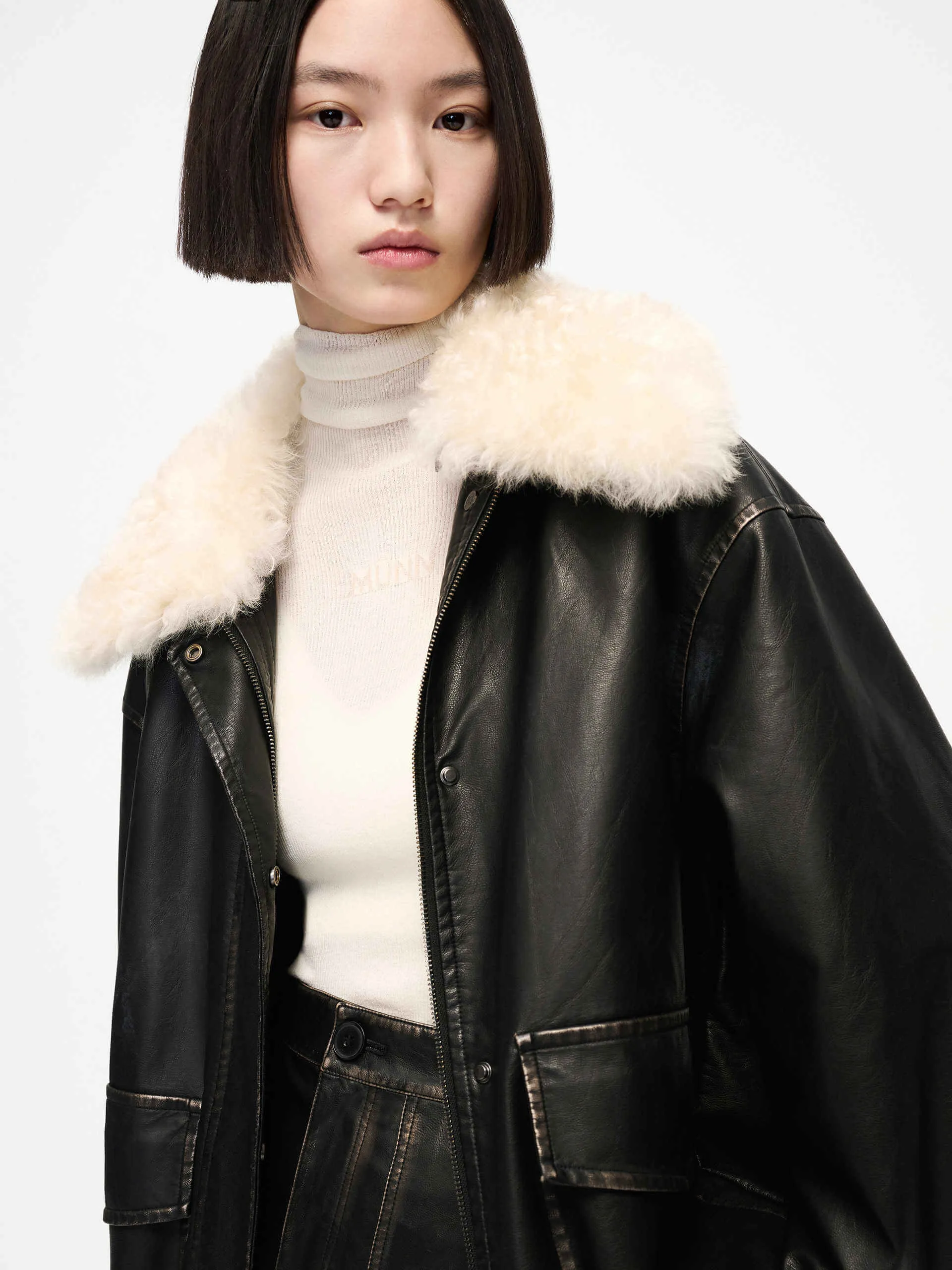 Fuzzy Collar PU Leather Jacket