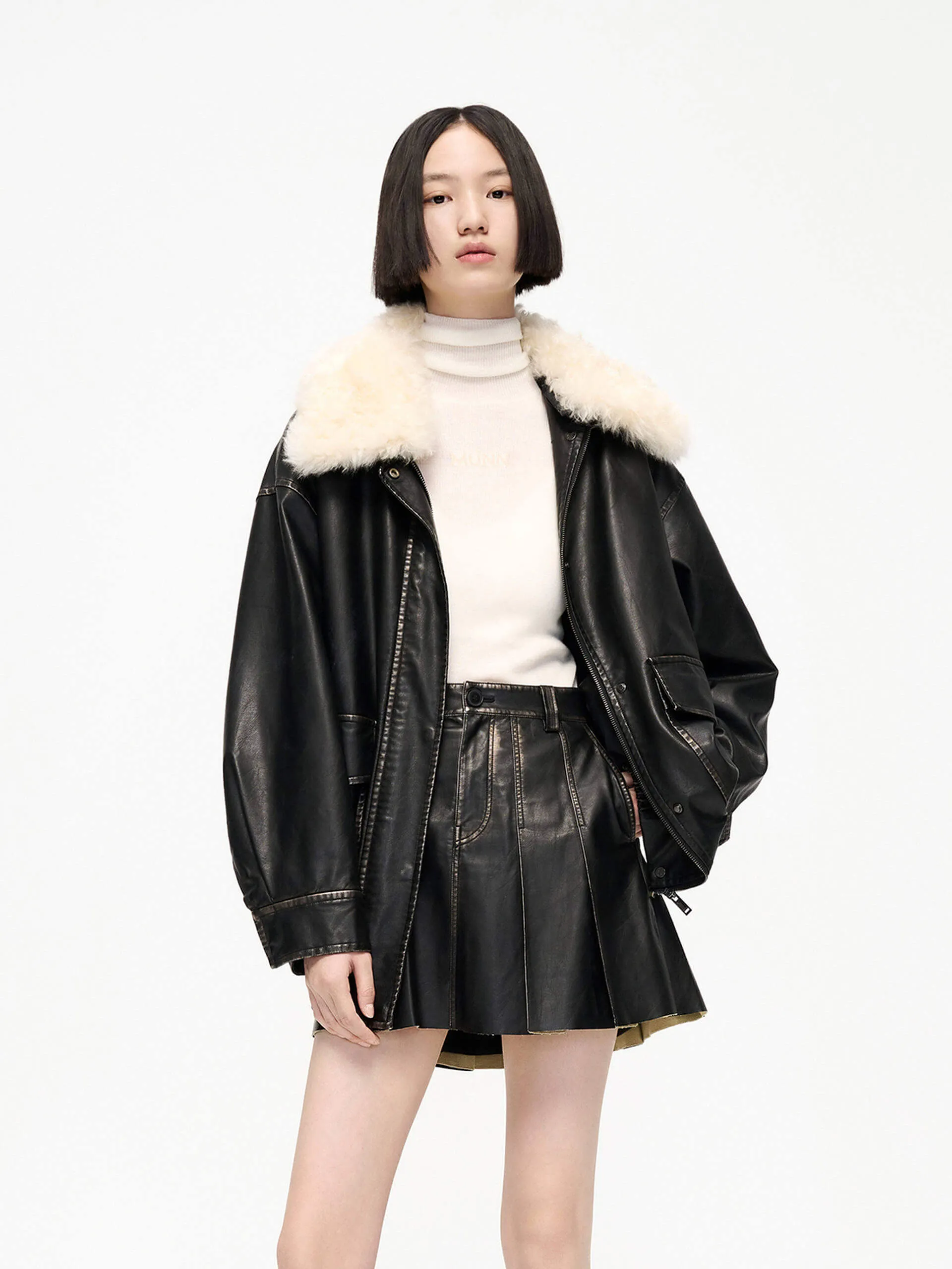 Fuzzy Collar PU Leather Jacket