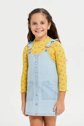 Girls Blue Denim Dress With Yellow T-Shirt (2 Piece)