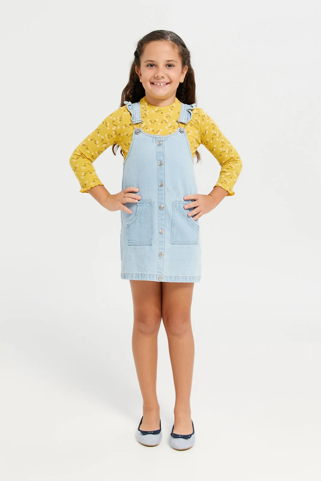 Girls Blue Denim Dress With Yellow T-Shirt (2 Piece)