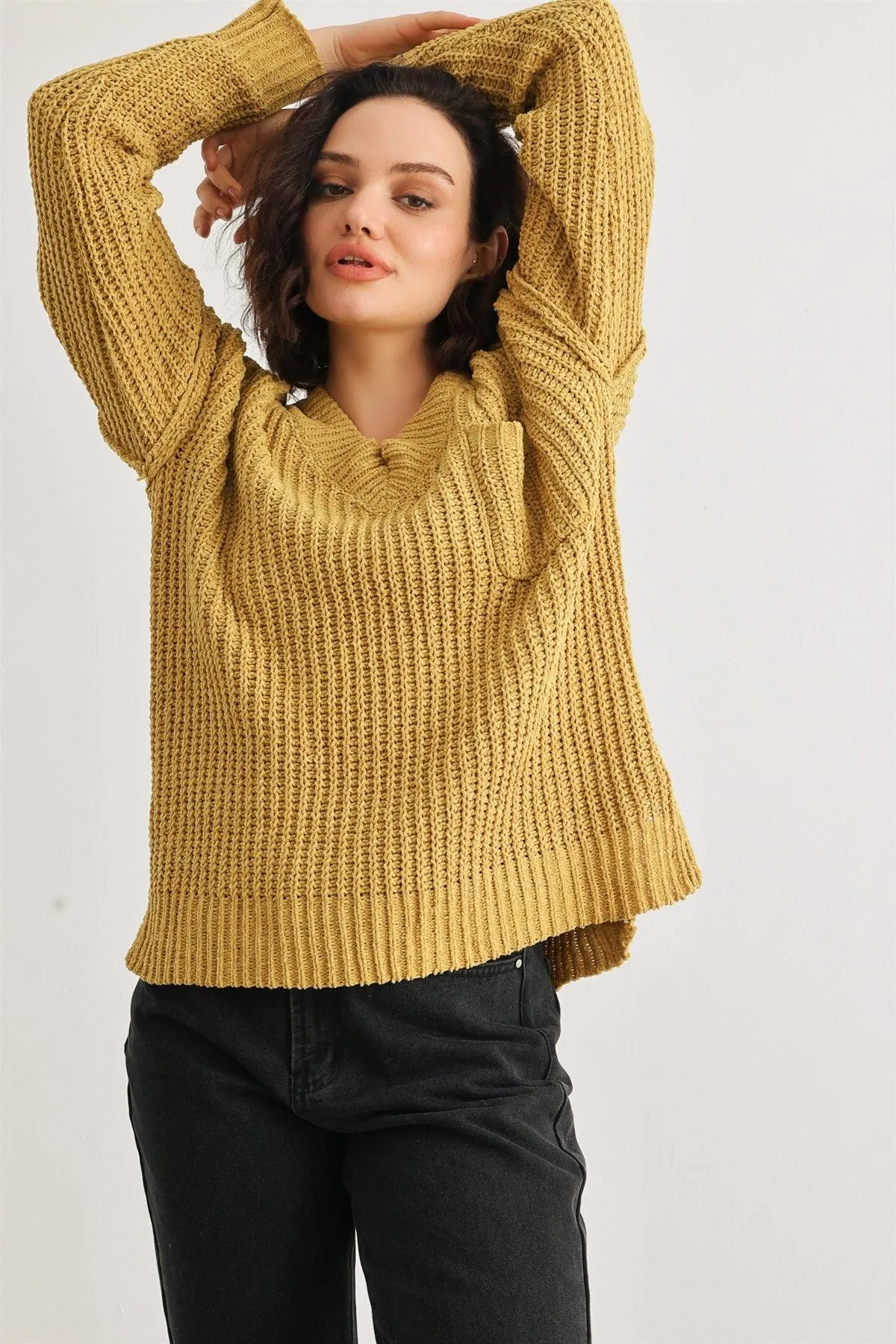 Gold One Pocket Long Sleeve V-Neck Sweater